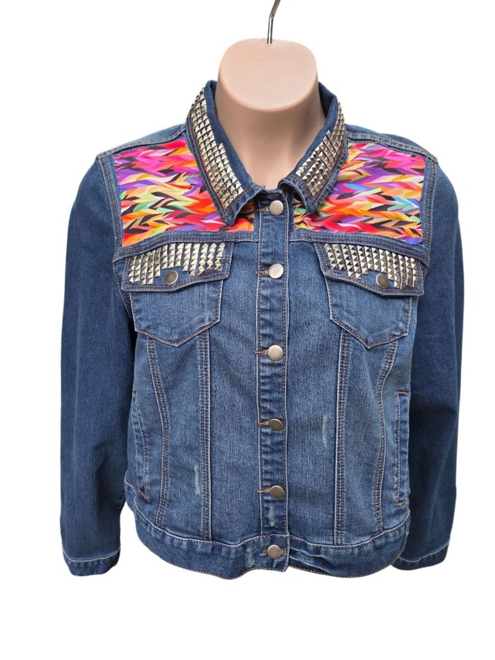 Upcycled Denim Jacket 3X Studded Collar & Vibrant Multicolor Abstract Panels